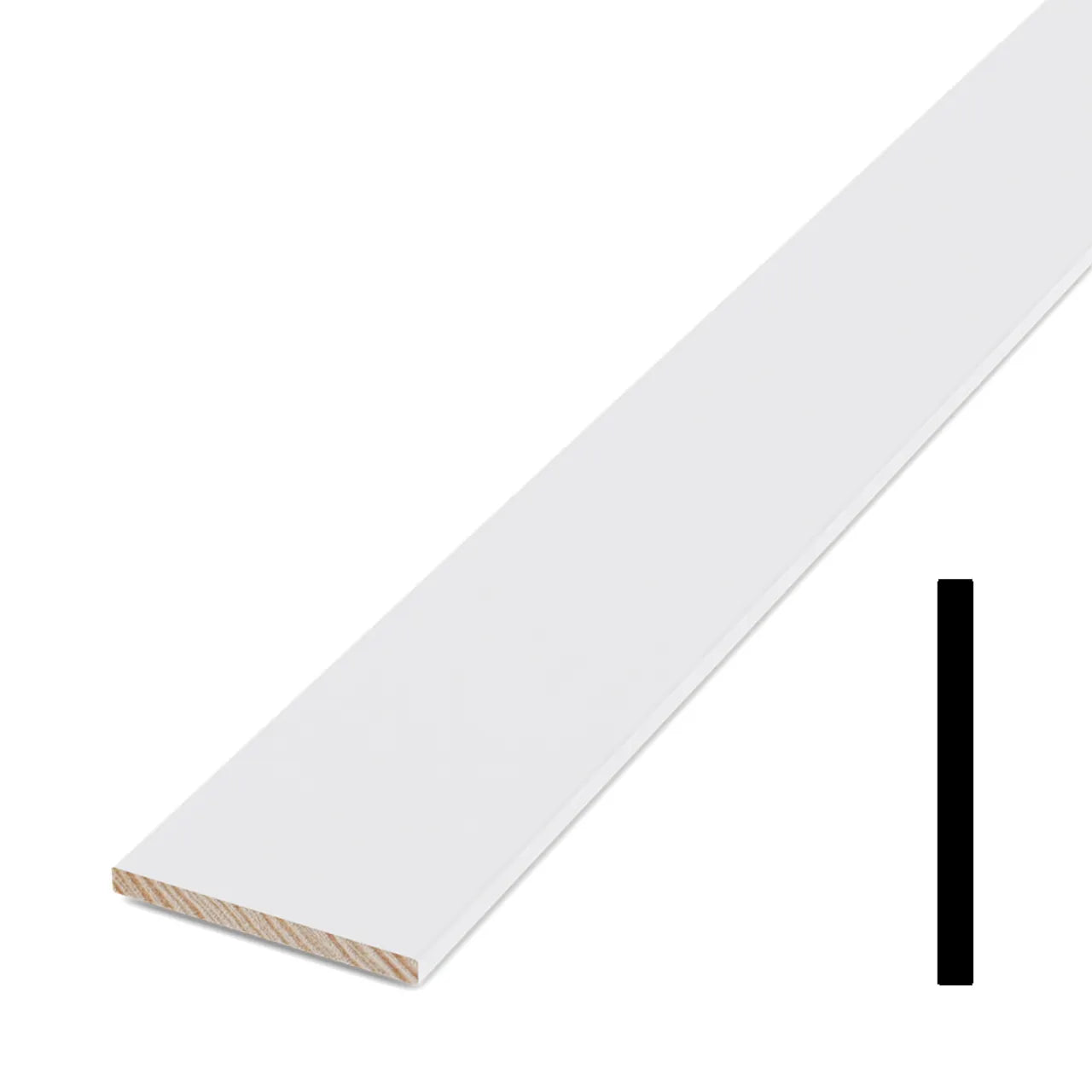 The Go Build 1/2 in. x 3-1/2 in. x 192 in. Primed MDF Baseboard features a flat, white surface with a natural wood edge on one side, shown alongside a black vertical line for scale.